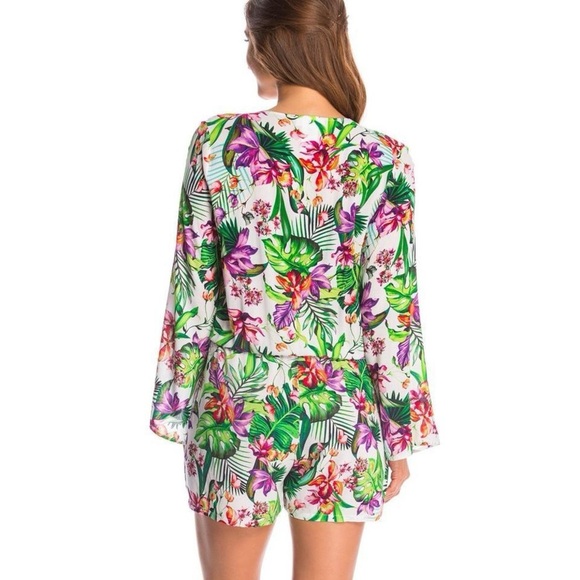 La Blanca Calypso Island Tropical Print Bell Sleeve Romper Size Large - Picture 3 of 10